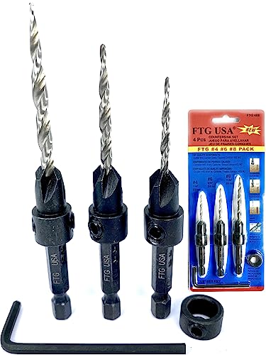 Image of FTG USA 3 Pc Wood Countersink Drill Bit Set #4#6#8 with 3 /8 inch Depth Stop | Includes sizes #4, #6, and #8 tapered bits. Comes with an adjustable 3 /8 inch depth stop collar and hex key tool