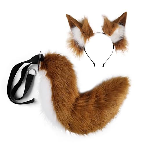 QinRuan Faux Fur Wolf Ears Headband Furry Dog Tail Set Animal Coustume Cospaly Halloween Party
