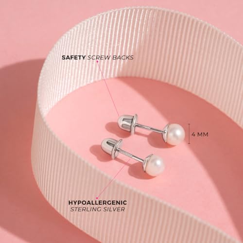 925 Sterling Silver Simulated Pearl Baby Earrings in 3mm-5mm for Toddlers & Young Girls - Hypoallergenic Safety Screw Back Earrings with White Simulated Pearls for Kids4