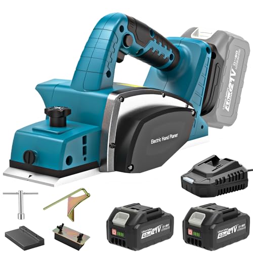 Yofuly Pialla Elettrica per Legno per Maa-kita 18V Batteria, 2×4,0Ah Batteria, Piallatrice per Legno –15000Giri/min, Larghezza Taglio 82mm, Profondità Regolabile 0-2mm, per la Lavorazione del Legno