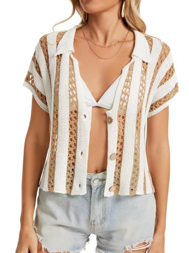 Image of Womens Striped Crochet Sweater Summer Short Sleeve V-Neck Button Knit Tops Y2k Hollow Out Crop Blouse Cardigan