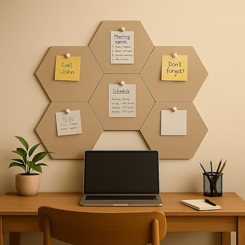 Image of MMT Acoustix PinFelt Hexagon Bulletin Board - Set of 7 12x12 inch Felt Office Pin Board Tiles for Notes Reminders & Work Organisation Self-Adhesive, Pin-Friendly, Acoustic Panels for Wall (Sand)