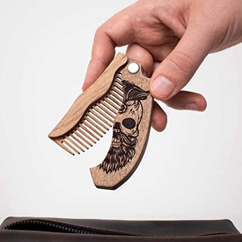 Beard Comb For Men Pocket Folding Combs For Mustache & Hair Travel Natural Wooden Comb With Real Man Engraving - Perfect For Use W/Beard Balm Oil (Wavy Half Skull) #TOP1