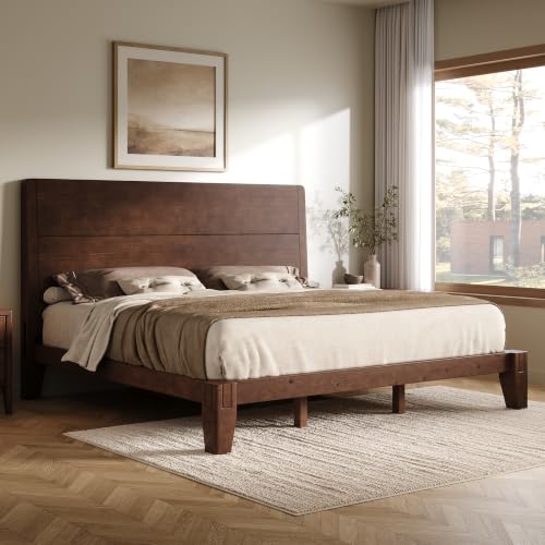 Image of AMERLIFE Solid Wood King Bed Frame with Headboard, Japanese Joinery, Walnut