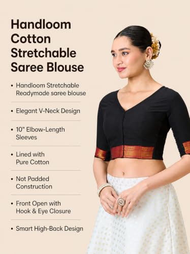 Image of Studio Shringaar Women's Handloom Cotton Stretchable (Smocked) Saree Blouse with Temple Zari Border
