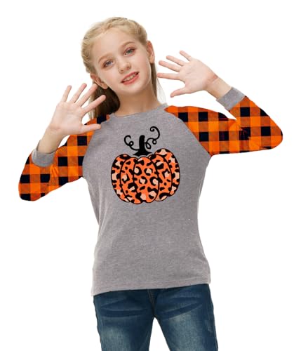 Image of Remimi Girls Thanksgiving Shirts Buffalo Plaid Raglan Tee Cute Turkey Holiday Party Long Sleeve Tshirt 5-14 Years