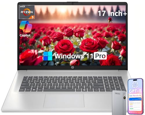 HP 17 Inch Laptop, 17.3' FHD IPS Display, AMD Ryzen 5 7430U (Up to 4.5GHz), 20 GB RAM, 512 GB SSD, Wi-Fi 6, Bluetooth 5.4, Windows 11 Pro, Copilot AI Key, Numeric Keypad, w/RECOLX AI Voice Recorder