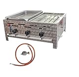 BSR-Grillen 3-flammiger Profi Gasgrill aus Edelstahl, stufenlos regelbar, Gasbräter, Gastrogrill, Gastrobräter mit Gasschlauch und Druckminderer (10,8 kW | 1/2 Pfanne und 1/2 Grillrost)