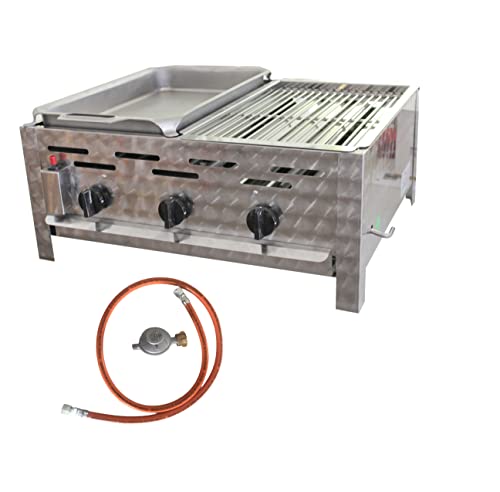 BSR-Grillen 3-flammiger Profi Gasgrill aus Edelstahl, stufenlos regelbar, Gasbräter, Gastrogrill, Gastrobräter mit Gasschlauch und Druckminderer (13,5 kW | 1/2 Pfanne und 1/2 Grillrost)