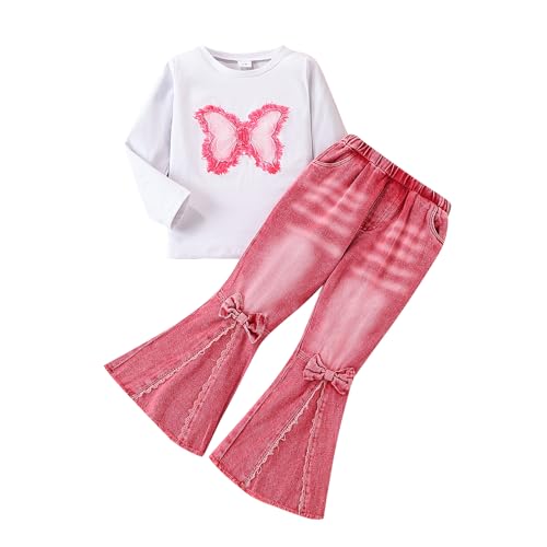 Image of Toddler Girl Clothes Long Sleeve Cartoon & Letter Graphic Top + Fruit Stationery Print Flared Leg Pants