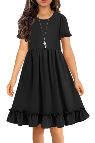 MITILLY Girls Summer Short Sleeve Dress Cute Ruffle Crew Neck A Line Flowy Beach Party Dress with Pockets 6-13 Years