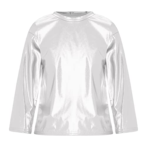 TTAO Kids Active Long Sleeve T Shirts Metallic Sports Tops Shiny Pullover Jazz Street Dance Shirts Silver 7-8 Years