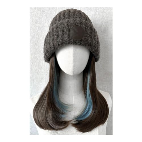 BKSK Wig Women's Hat Wig, Plush Knitted Hat, Long Hair Wig H