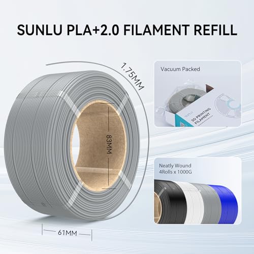 Image of SUNLU PLA+2.0 3D Printer Filament Refill 1.75mm, 4 Packs, 4KG | Stronger PLA+ Filament, No Spool Refill, Compatible with Bambu Lab 3D Printers, Black+White+Red+Klein Blue