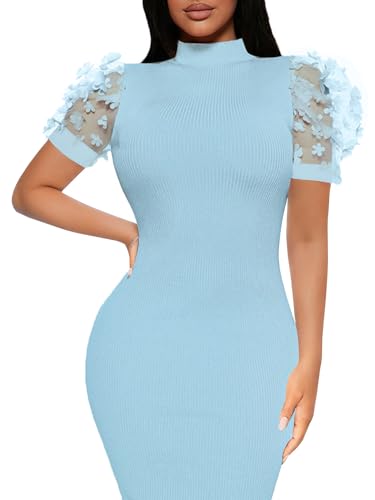 Image of Annystore Women's Mesh See Through Sheer Dress Short Puff Sleeve Bodycon Dress Mock Neck Sexy Club Party Midi Dress Clubwear
