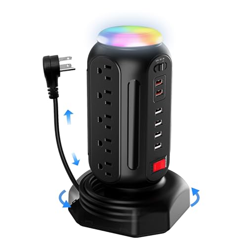 DYSSIPATIVE Power Strip Tower with Colorful Nightlight, 15 AC Outlets and 6 Fasting USB Ports, Retractable Extension Cord with Multiple Outlets, 900 J Surge Protector with Right Flat Plug (Black)