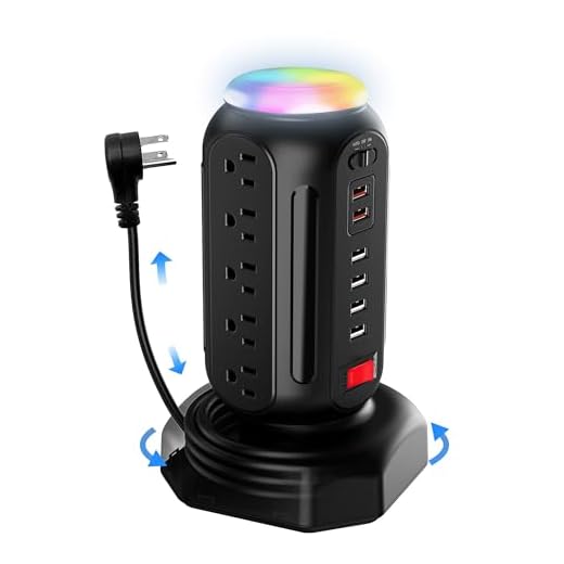Power Strip Tower with Colorful Nightlight, 15 AC Outlets and 6 Fasting USB Ports, Retractable Extension Cord with Multiple Outlets, 1500 J Surge Protector Power Strip with Right Flat Plug (Black)