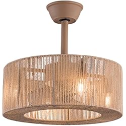 Ventilador Rustico Rústico Ventilador Techo con Luz y Mando a Distancia Silencioso Estilo Bohemio Lámpara Ventilador Techo Dormitorio Tejido de Cuerda de Cáñamo Casquillo E27 Reversible Ventilador de Techo Sin Aspas DC