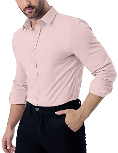 Zaful Men's Pink Cotton Dress Shirt Long Sleeve Stretch Wrinkle-Free Casual Button-Down Formal Shirts #TOP3