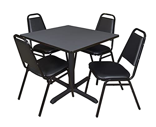 Image of Romig Pillar 36 in. Square X-Base Breakroom Table- Grey & 4 Restaurant Stack Chairs- Black
