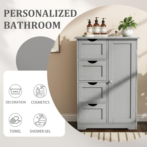 Image of Vasitelan Bathroom Wooden Floor Cabinet, Side Storage Organizer with 4 Drawers and 1 Cupboard, Freestanding Entryway Storage Unit Console Table,22 inch W x 11.8 inch D x 31.5 inch H (Gray)