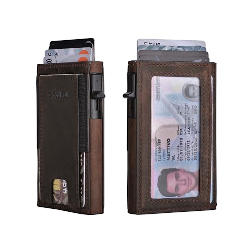 Minimalist Pop Up Wallet for Men | RFID Blocking Credit Card Holder Wallet | Mens Wallet Slim Front Pocket Metal Case with Gift Box (Genuine Full Grain Soft Leather)