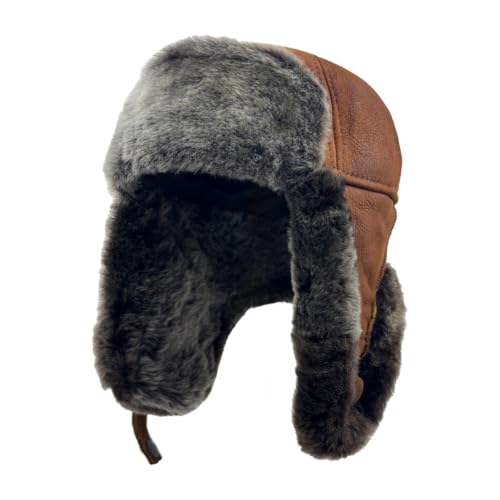 Image of Leather Aviator Russian Ushanka Trapper Shearling Sheepskin Fur Ear Flap Waterproof Winter Hat