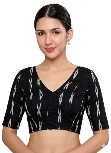 Image of Studio Shringaar Women Cotton Ikat Stretchable (Smocked) Readymade Elbow Length Sleeve Saree Blouse