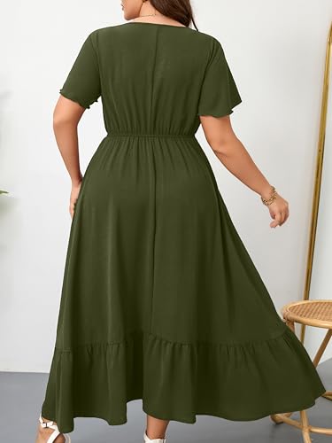 Image of RWJ Women Plus Size Maxi Dress V Neck Short Sleeve Button Trim Split Flowy Tiered Casual Long Dresses 2025 L-3XL