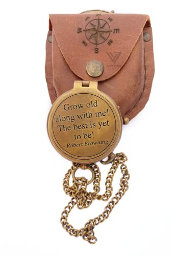 VETERIS Grow Old Along with Me Engraved Brass Compass on Chain with Leather case, Wedding Gifts, Valentine’s Day Gifts