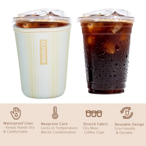 Image of Reusable Insulated Sleeve for Iced Coffee Cup, 3-Pack Coffee Neoprene Drink Sleeve for Cold & Hot Drinks, Beverage Holder for Iced Coffee (Yellow Lines)