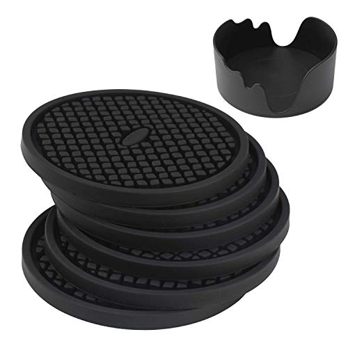Silicone Drink Bar Coasters Set of 6 in Holder, 3.94 Inches Flexible Heat Resistant Coaster for Drinks with Deep Grooved and Non-Slip Bottom, Protect Furniture from Dirty and Scratched (Black)