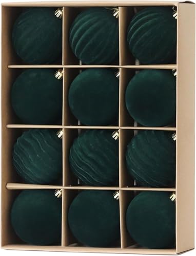 LATERN 12Pcs Velvet Christmas Baubles 8CM Green Flocked Christmas Ball Ornaments Shatterproof Christma Hanging Balls Sets for Christma Tree Holidays Home Xmas Party Decoration (3 Styles)