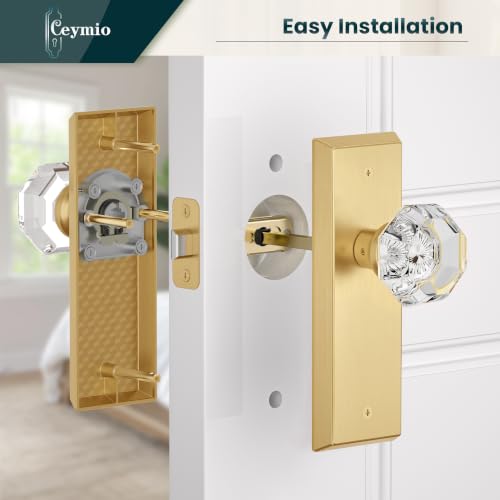 Image of Antique Crystal Passage Door Knobs Interior Non-Locking, Brushed Gold