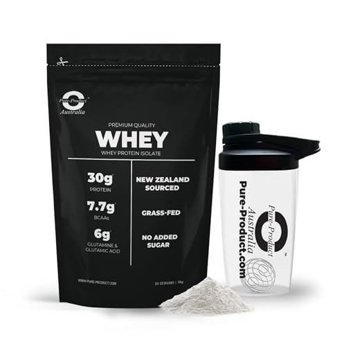 Pure Product Australia Whey Protein Isolate Powder Unflavoured (Natural) 1 kilogram with Glass Shaker