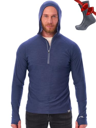 Image of Merino.tech 100% Merino Wool Hoodie Men - Slim Fit Merino Wool Base Layer Mens Half Zip Thermal Long Sleeve Shirt and Socks