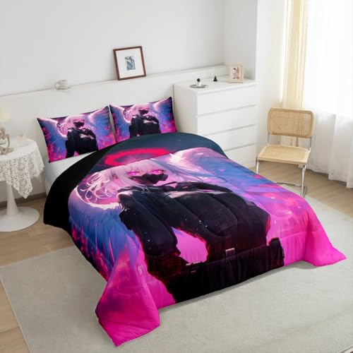 Image of Erosebridal Anime Girl with Wings Bedding Queen Size for Girls Adults, Kids Japanese Virtual Reality Comforter Cartoon Poster Style Duvet Set for Boys Teen Bedroom Decor with 2 Pillowcases