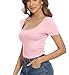 Preppy Clothes Pink Teen Girl Summer Square Neck Crop Tops for Women Y2k Cute Tight Short Sleeve Shirts Fitted Basics Tshirts Baby Tee Trendy 2025 Coastal Sexy （Pink Xs