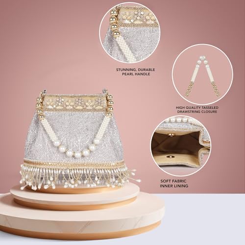 Image of Nevis PU Silk Fabric Women's Embellished Potli Bag with Pearl Handle & Fringe Detailing | Designe Wedding & Festive Handbag