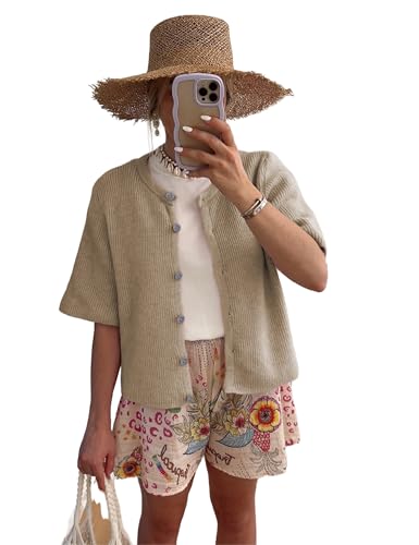 Image of SCUSTY Women's Lightweight Cardigan Short Sleeve Button-Down Summer Cardigan Sweater(Khaki-M)