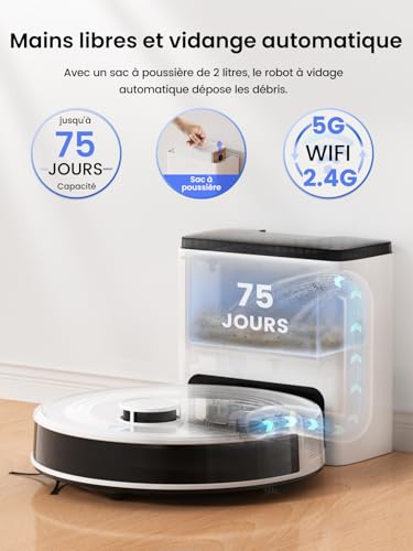 Lefant M2 Plus Aspirateur Robot Laveur avec Station, Vidange Automatique, Navigation Laser avec Cartographie, Évitement d'obstacles PSD, 6000Pa, Nettoyage Personnalisé, Idéal pour Poils d'animaux, App