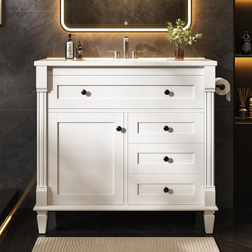 LIKIMIO 36 Inch Bathroom Vanity with Sink, Towel Holder & Adjustable Solid Wood Legs for Uneven Floor, Modern Bathroom Storage Cabinet with Tip-Out Drawer, 2 Drawers & Adjustable Shelf, White