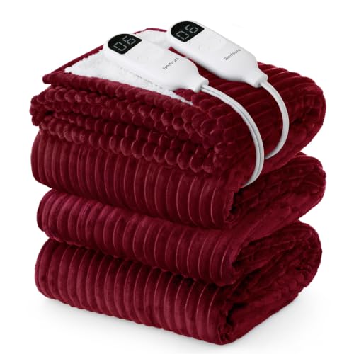 Bedsure Ribbed Electric Blanket Queen, Burgundy Red Heated Blanket, Preheat