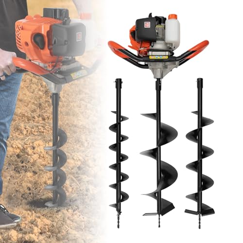 Tarière à essence 2 temps 52 cc 1,7 kW avec 3 forets de diamètre (4, 6 et 8) - Profondeur de perçage : 80 cm - Grande capacité de puissance : 1,7 kW - Équipement de sécurité