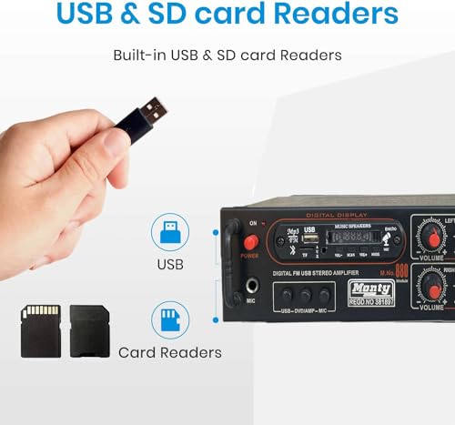 Image of Tech-lobby Stereo Amplifier with Big LED Display /Bluetooth /MIC Input /USB /SD Card Slot /FM Radio /AUX Input /Remote Control & Built-in Equalizer with Bass, Treble & Balance Control (Model -15000).