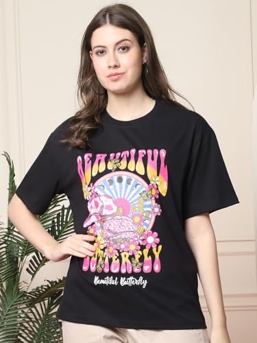 Image of Style Go Pure Cotton Oversized Baggy Fit Drop Shoulder Aesthetic & Cool Graphic Printed Half Sleeve Tshirt for Women || Trendy Tees || Casual Loose Korean T-Shirt