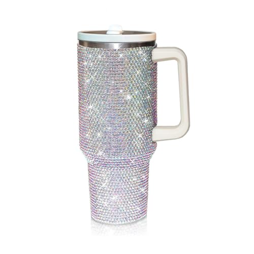 Image of 40 Oz Rhinestone Tumbler with Handle and Flip Straw, Insulated Stainless Steel Double Layer Bling Tumbler | Leak Proof Glitter Tumbler for Women | Reusable 1200ml Travel Bling Cups White AB