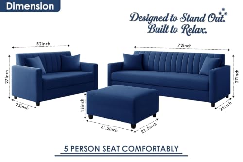 Image of 3+2 Fabric Sofa Set with Ottoman for Living Room | Modern 5-Seater Sofa Couch | with Soft Cushion, Premium Velvet Fabric-Blue