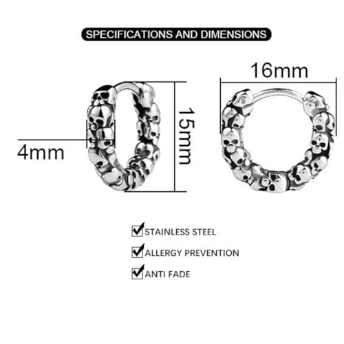 Retro Vintage Stainless Steel Gothic Skull Biker Halloween Cuff Huggie Earrings2