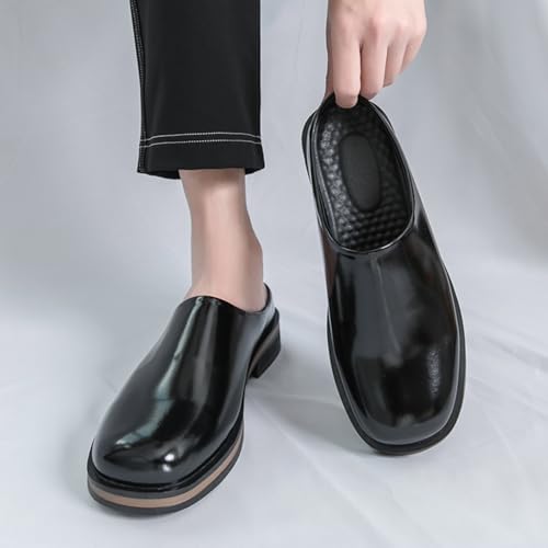 Mens Retro Patent Leather Backless Slip-On Chunky Heels Loafers Casual Round Toe Non-Slip Shoes for Walking Business Party Wedding4